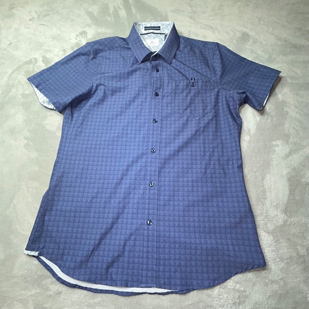 7 Diamonds Mens Blue Geometric Diamond Print 4-Way Stretch Short Sleeve Shirt S